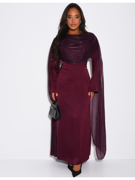 Robe longue en satin à drapé en voile brillant au col
