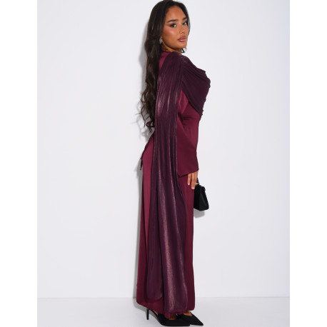 Robe longue en satin à drapé en voile brillant au col