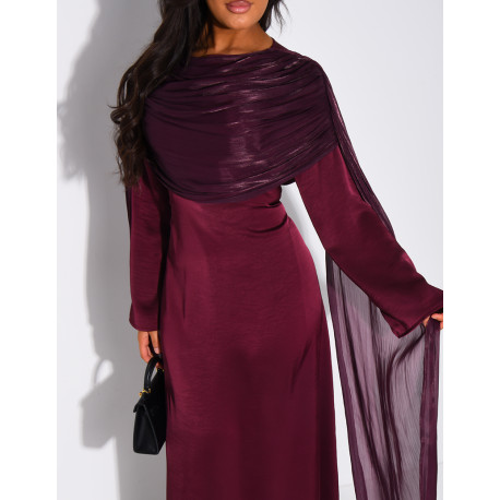 Robe longue en satin à drapé en voile brillant au col