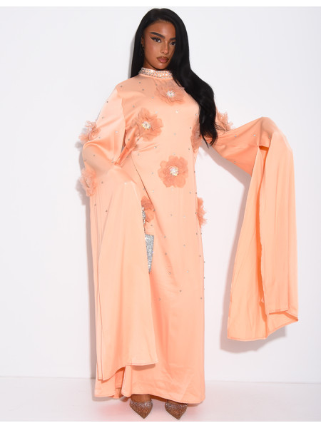 Satin abaya with embossed flowers and rhinestones
