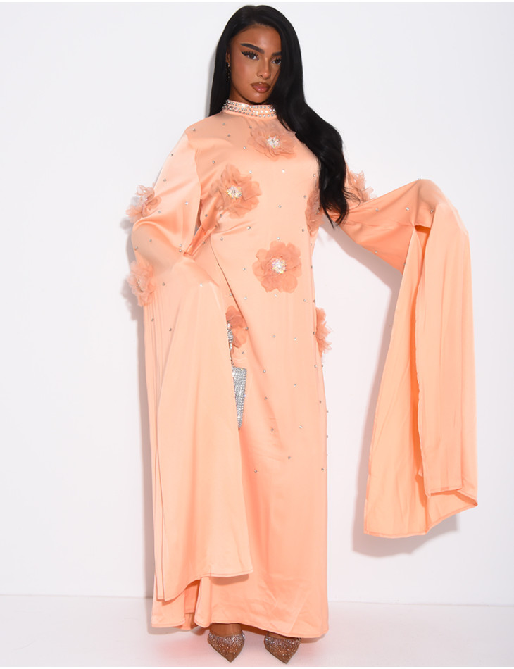 Satin abaya with embossed flowers and rhinestones