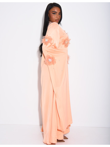 Satin abaya with embossed flowers and rhinestones