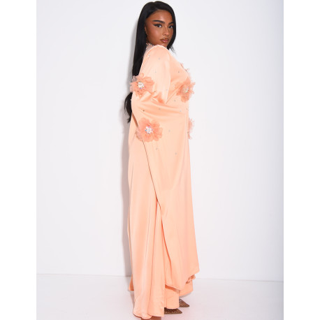 Satin abaya with embossed flowers and rhinestones