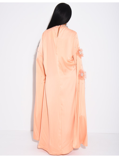 Satin abaya with embossed flowers and rhinestones