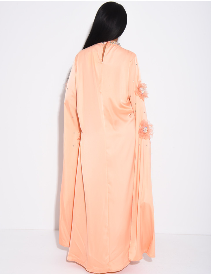 Satin abaya with embossed flowers and rhinestones