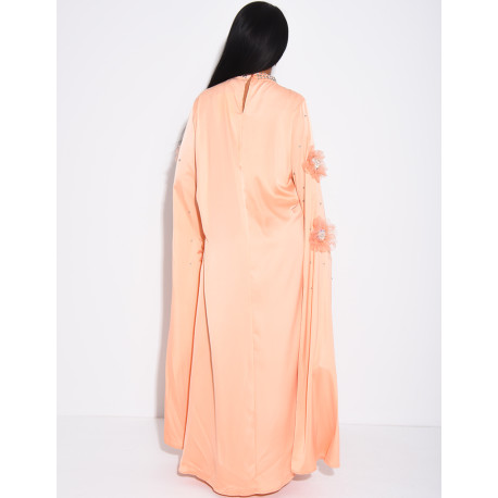 Satin abaya with embossed flowers and rhinestones