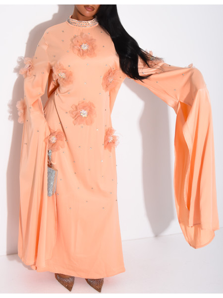 Satin abaya with embossed flowers and rhinestones