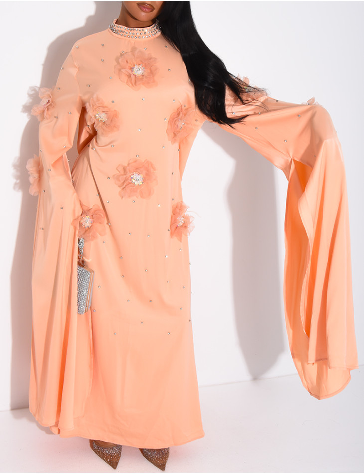 Satin abaya with embossed flowers and rhinestones