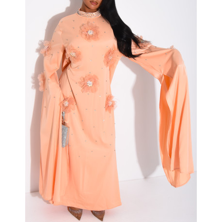 Satin abaya with embossed flowers and rhinestones