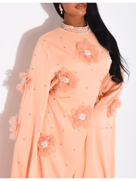 Satin abaya with embossed flowers and rhinestones
