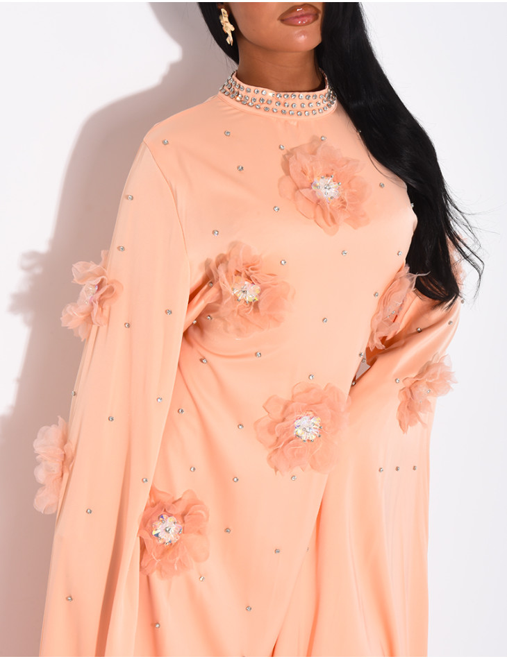 Satin abaya with embossed flowers and rhinestones