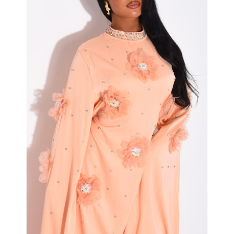 Satin abaya with embossed flowers and rhinestones