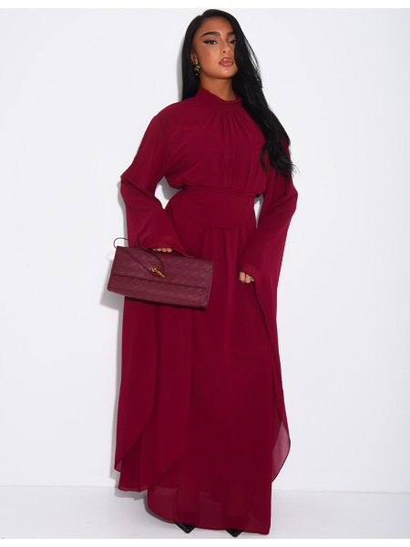 Long voile dress with high neck, flared sleeves and belt