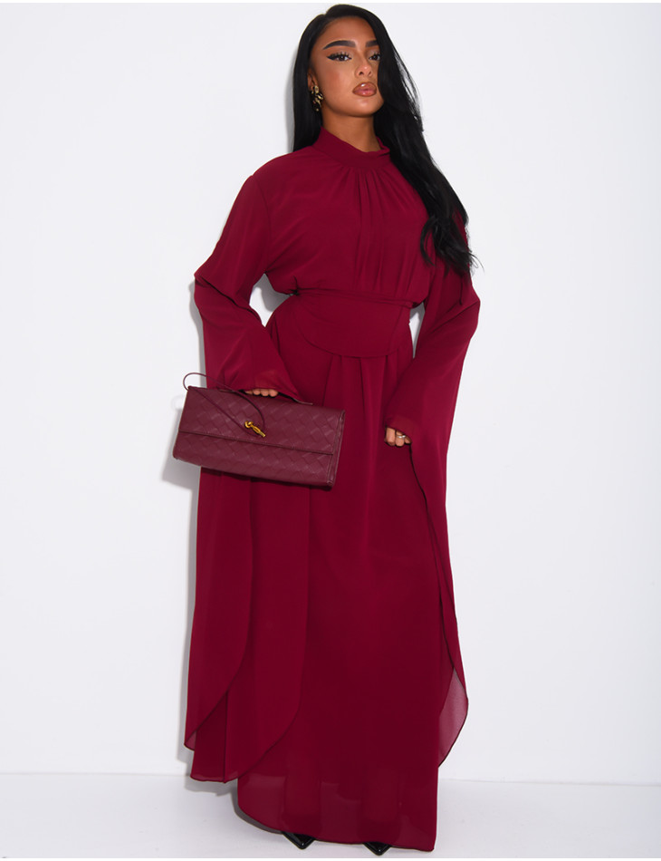 Long voile dress with high neck, flared sleeves and belt