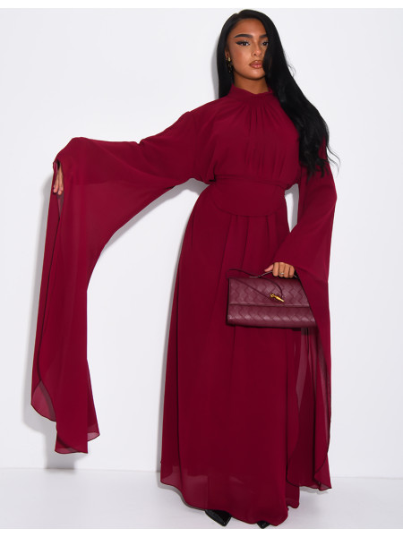 Long voile dress with high neck, flared sleeves and belt