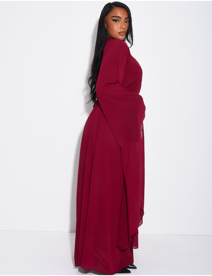 Long voile dress with high neck, flared sleeves and belt