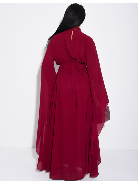 Long voile dress with high neck, flared sleeves and belt