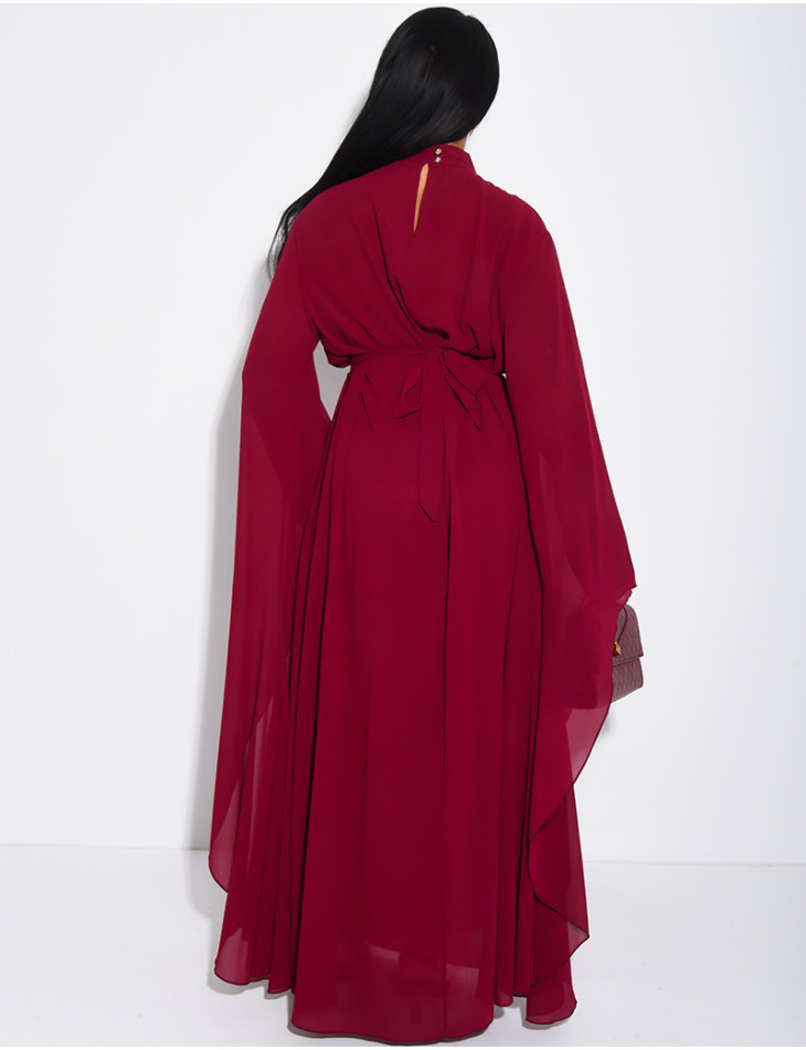 Long voile dress with high neck, flared sleeves and belt