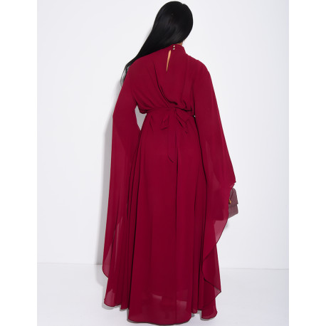 Long voile dress with high neck, flared sleeves and belt