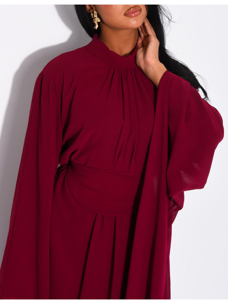 Long voile dress with high neck, flared sleeves and belt