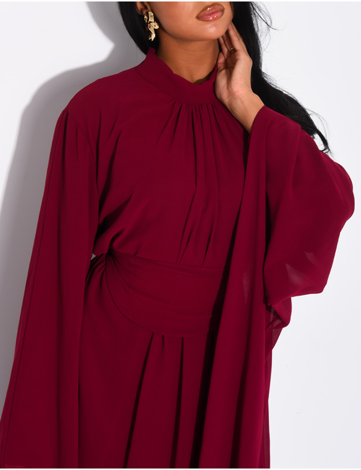 Long voile dress with high neck, flared sleeves and belt