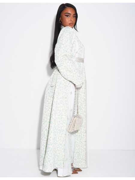 Caftan-style dress with sheer panels and rhinestones