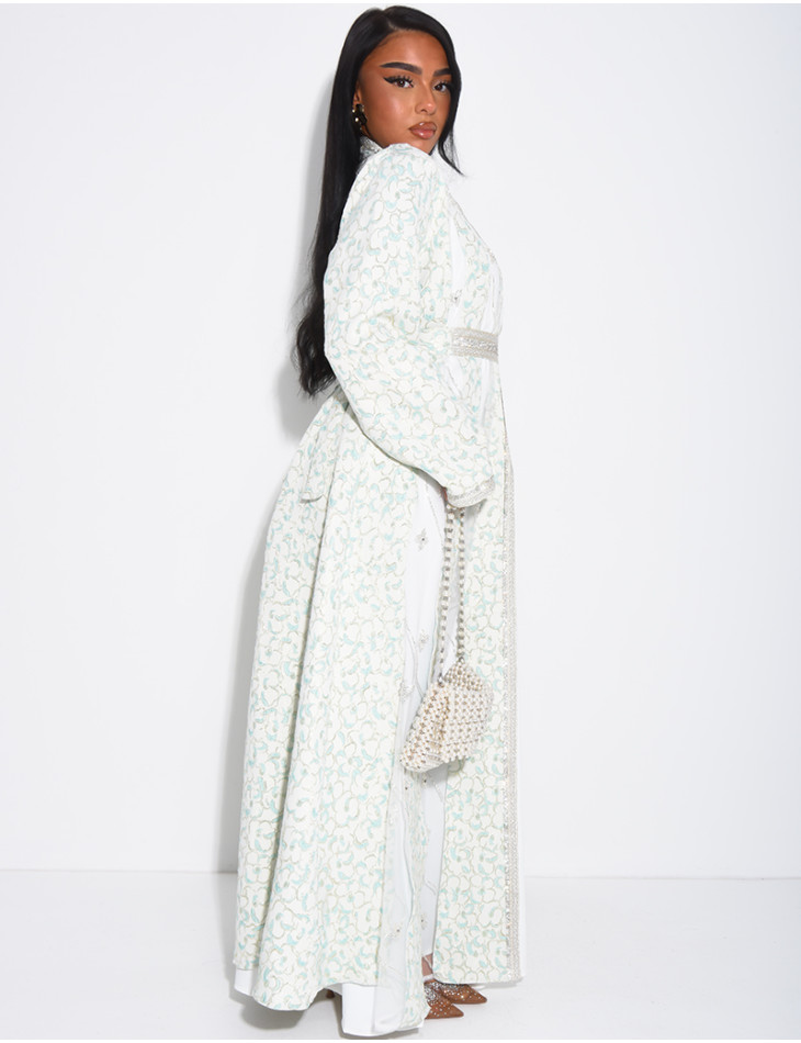 Caftan-style dress with sheer panels and rhinestones