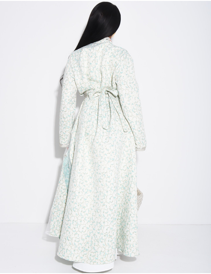 Caftan-style dress with sheer panels and rhinestones