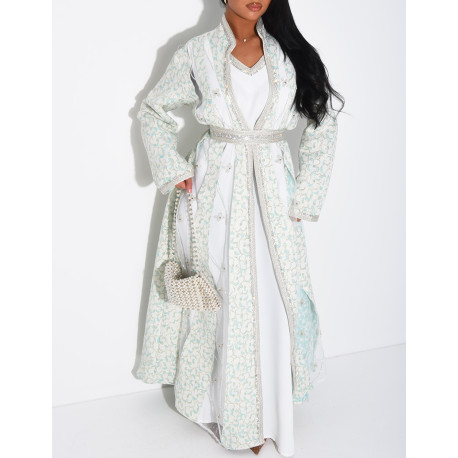 Caftan-style dress with sheer panels and rhinestones