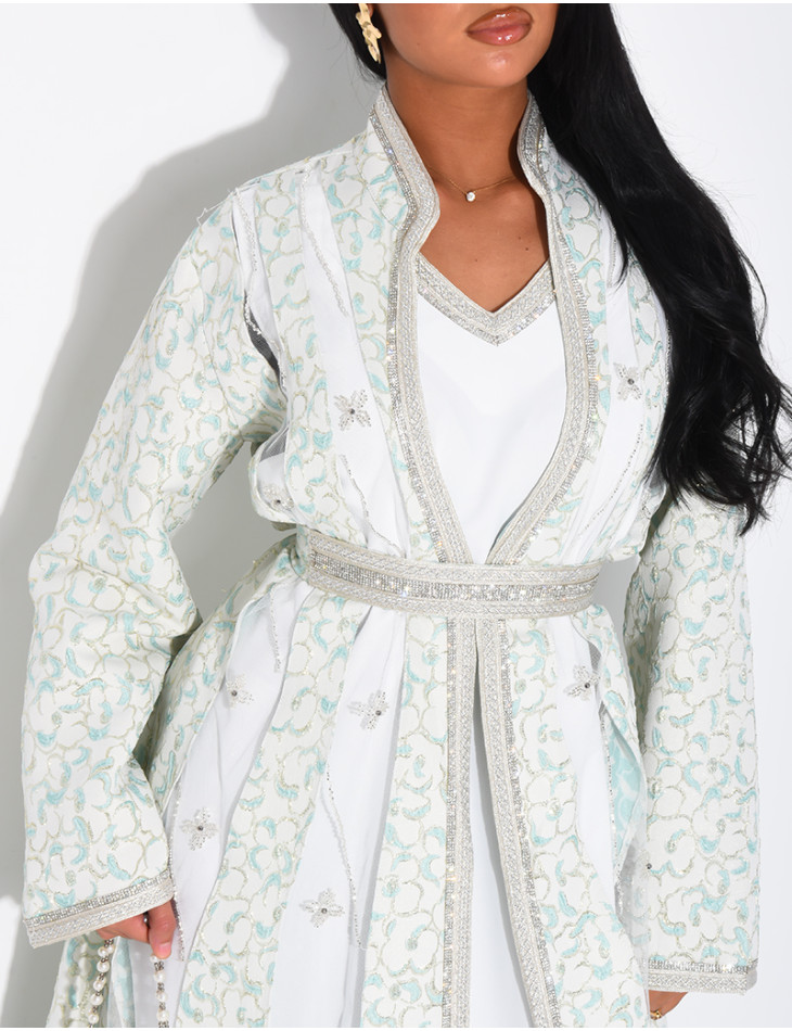 Caftan-style dress with sheer panels and rhinestones