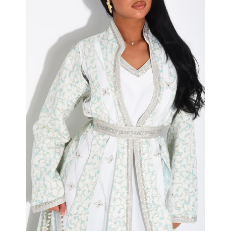 Caftan-style dress with sheer panels and rhinestones