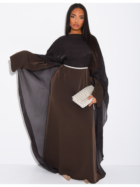 Set comprising a thick satin dress and iridescent voile cape with beaded trim