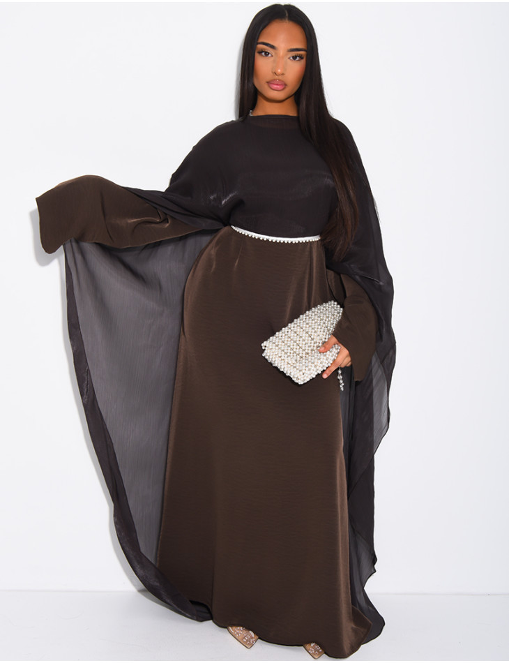 Set comprising a thick satin dress and iridescent voile cape with beaded trim