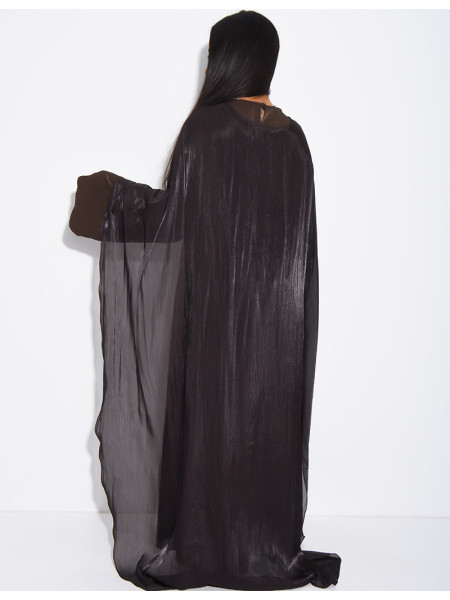 Set comprising a thick satin dress and iridescent voile cape with beaded trim