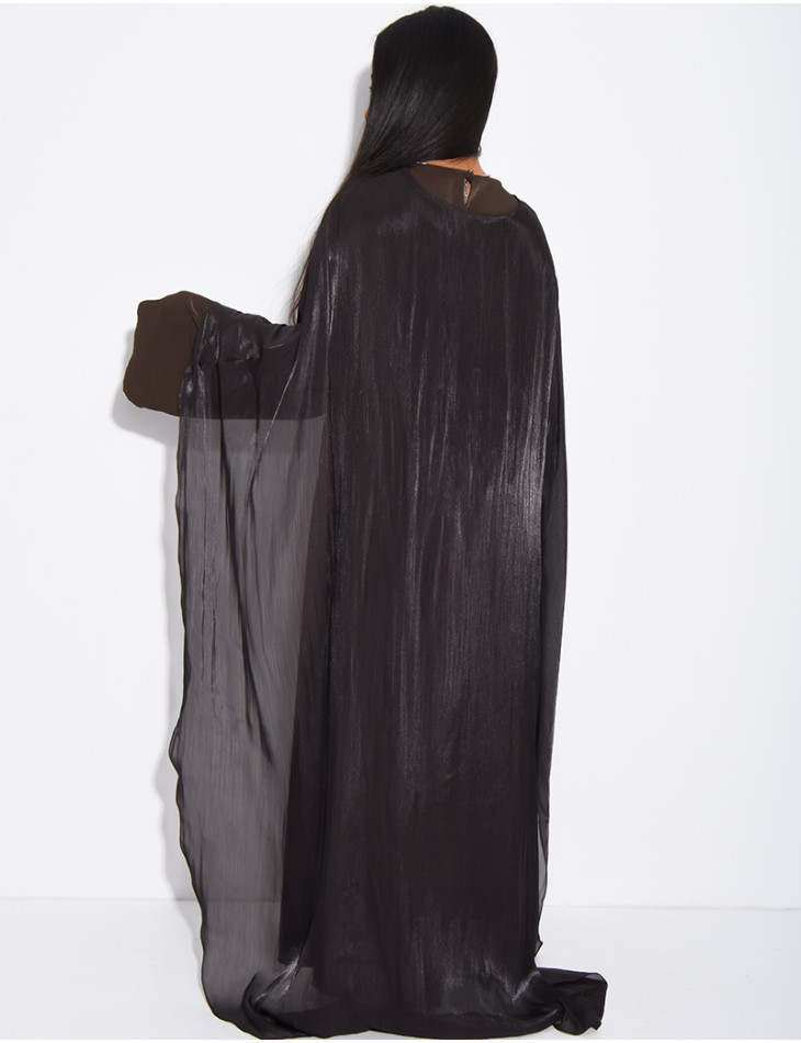 Set comprising a thick satin dress and iridescent voile cape with beaded trim
