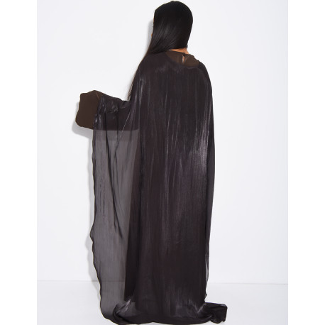 Set comprising a thick satin dress and iridescent voile cape with beaded trim