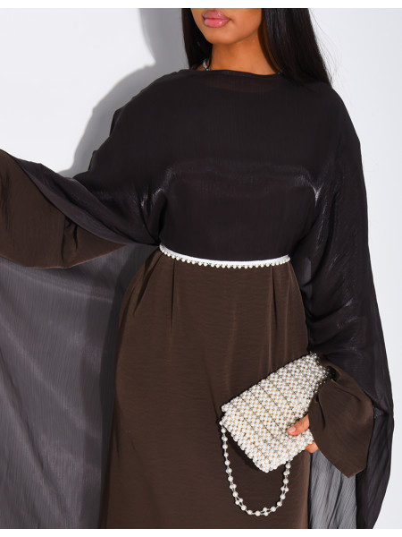 Set comprising a thick satin dress and iridescent voile cape with beaded trim