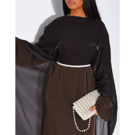 Set comprising a thick satin dress and iridescent voile cape with beaded trim