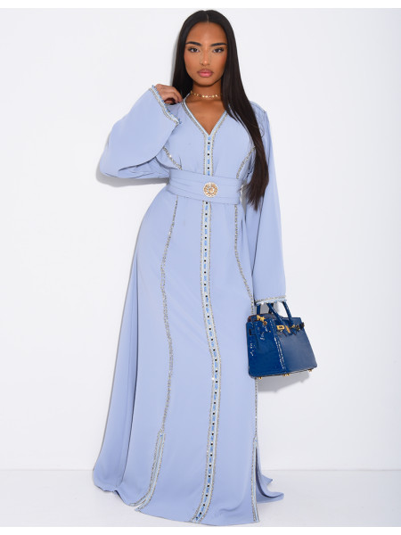Satin abaya embellished with crystals and belt + brooch at the waist