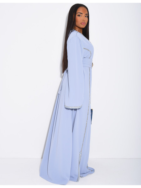 Satin abaya embellished with crystals and belt + brooch at the waist