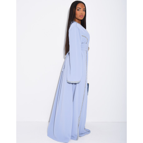 Satin abaya embellished with crystals and belt + brooch at the waist