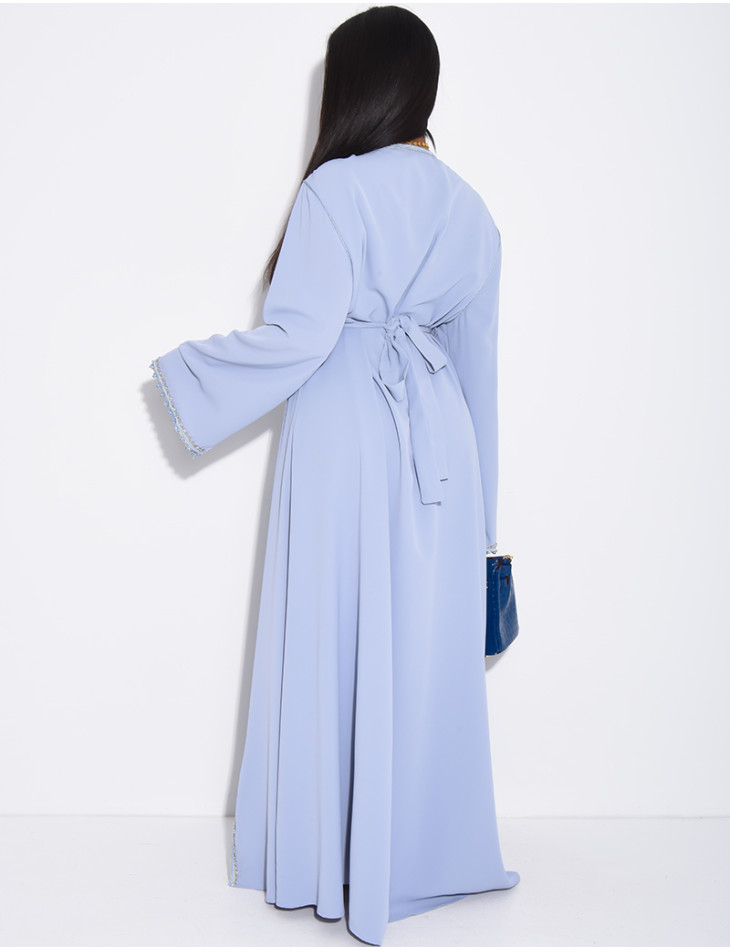 Satin abaya embellished with crystals and belt + brooch at the waist