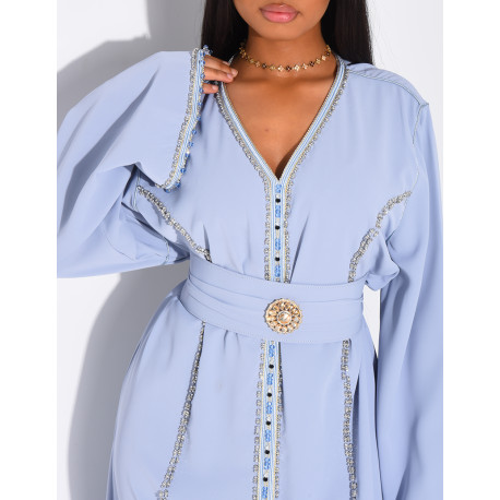 Satin abaya embellished with crystals and belt + brooch at the waist