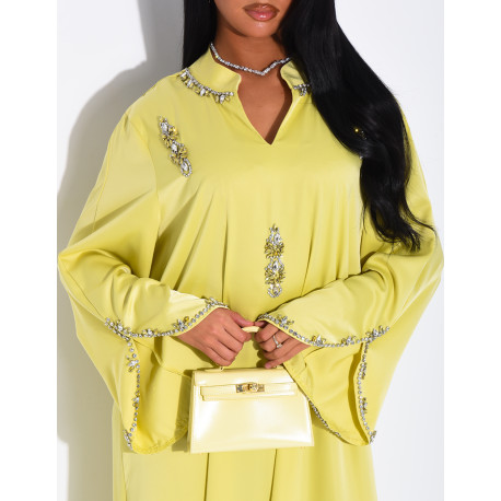 Loose-fitting satin abaya embellished with crystals