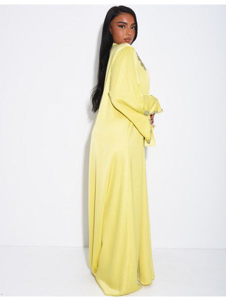 Loose-fitting satin abaya embellished with crystals