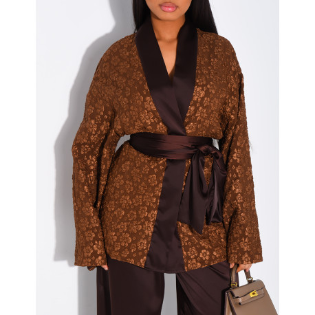 Ensemble kimono brocard ceinturé et pantalon en satin assorti