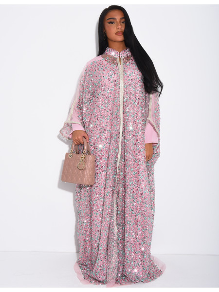 Abaya premium à perles et sequins brodés avec sa sous robe assortie