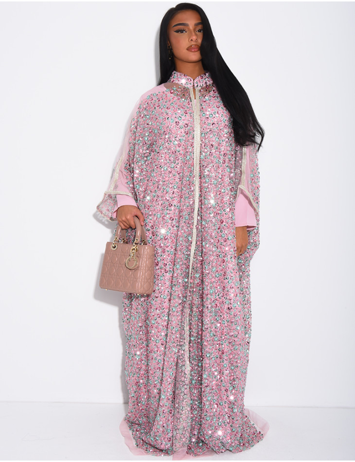 Abaya premium à perles et sequins brodés avec sa sous robe assortie