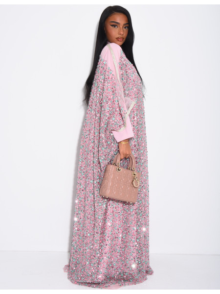 Abaya premium à perles et sequins brodés avec sa sous robe assortie