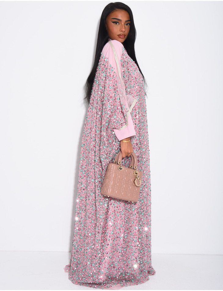 Abaya premium à perles et sequins brodés avec sa sous robe assortie